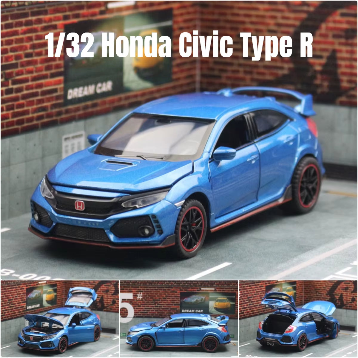 1/32 Honda Civic Type R Toy Car for Children Diecast Miniature Model Pull Back Doors Openable Sound Light Collection Gift Boys