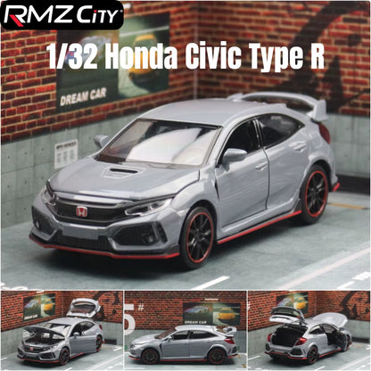 1/32 Honda Civic Type R Toy Car for Children Diecast Miniature Model Pull Back Doors Openable Sound Light Collection Gift Boys