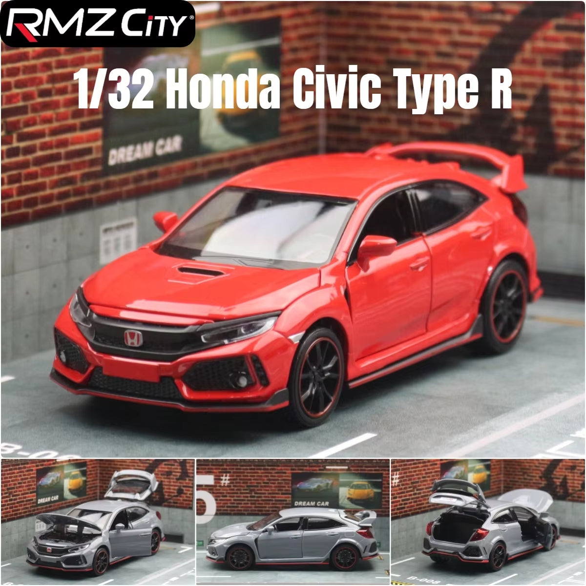 1/32 Honda Civic Type R Toy Car for Children Diecast Miniature Model Pull Back Doors Openable Sound Light Collection Gift Boys