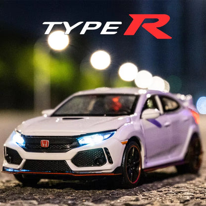 1/32 Honda Civic Type R Toy Car for Children Diecast Miniature Model Pull Back Doors Openable Sound Light Collection Gift Boys