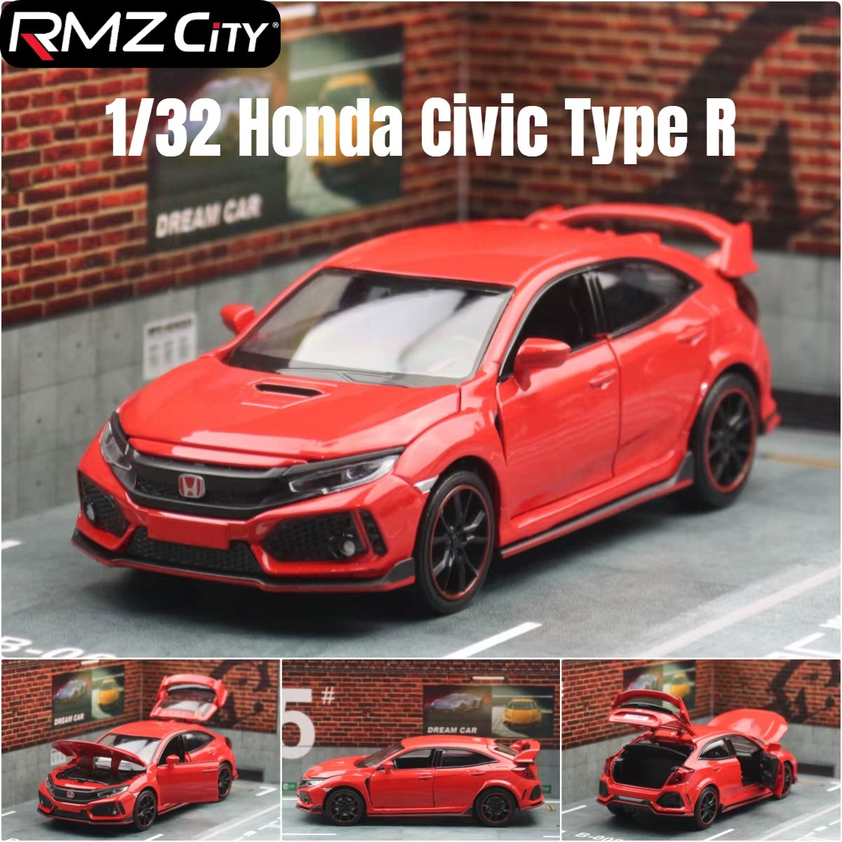 1/32 Honda Civic Type R Toy Car for Children Diecast Miniature Model Pull Back Doors Openable Sound Light Collection Gift Boys