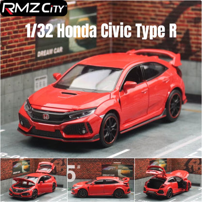 1/32 Honda Civic Type R Toy Car for Children Diecast Miniature Model Pull Back Doors Openable Sound Light Collection Gift Boys