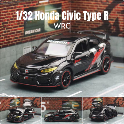 1/32 Honda Civic Type R Toy Car for Children Diecast Miniature Model Pull Back Doors Openable Sound Light Collection Gift Boys