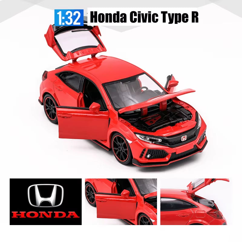 1/32 Honda Civic Type R Toy Car for Children Diecast Miniature Model Pull Back Doors Openable Sound Light Collection Gift Boys