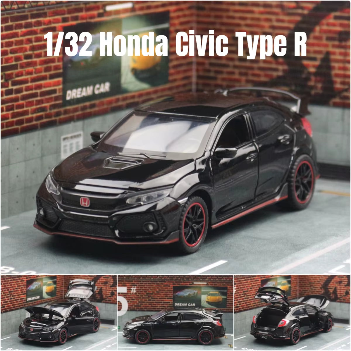 1/32 Honda Civic Type R Toy Car for Children Diecast Miniature Model Pull Back Doors Openable Sound Light Collection Gift Boys