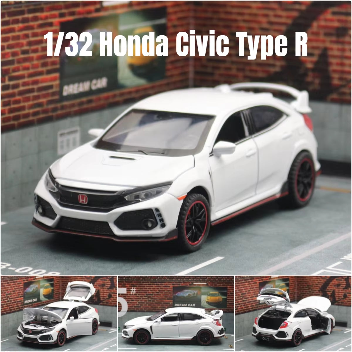 1/32 Honda Civic Type R Toy Car for Children Diecast Miniature Model Pull Back Doors Openable Sound Light Collection Gift Boys